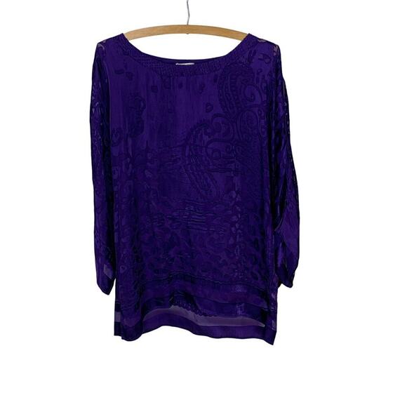 Chico's Royal Purple Paisley Sheer Cutwork Flowy Boho Rayon Silk Blouse - Size 1 - Picture 2 of 6